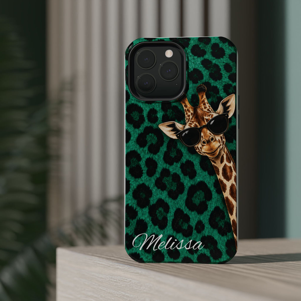 Personalized Giraffe Phone Case — Green Leopard Print Magnetic Impact-Resistant
