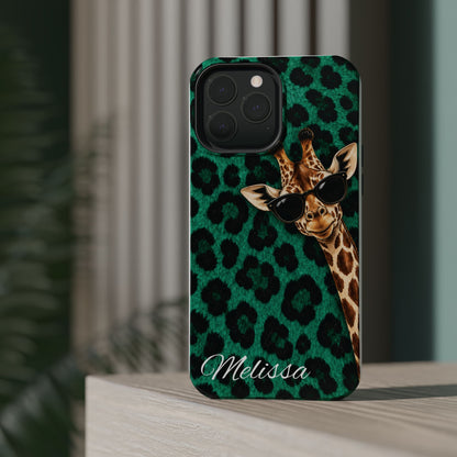 Personalized Giraffe Phone Case — Green Leopard Print Magnetic Impact-Resistant