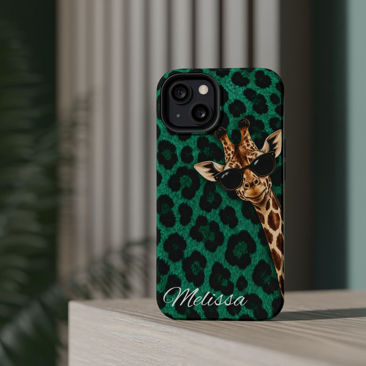 Personalized Giraffe Phone Case — Green Leopard Print Magnetic Impact-Resistant