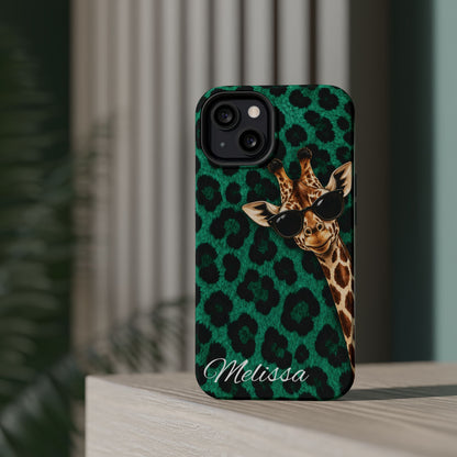Personalized Giraffe Phone Case — Green Leopard Print Magnetic Impact-Resistant