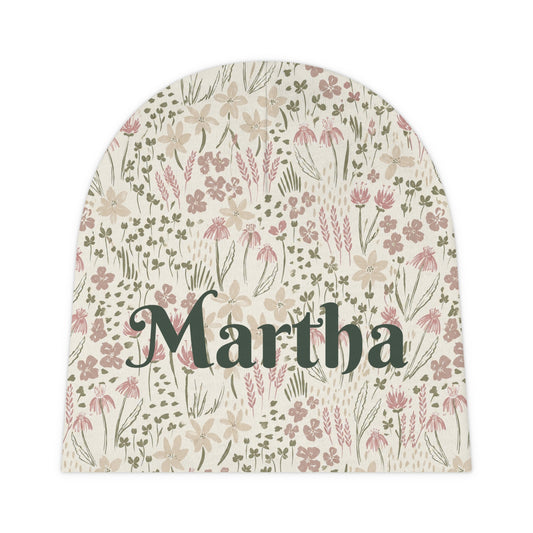 Floral Meadow Baby Beanie – Soft Pink & Sage Newborn Hat