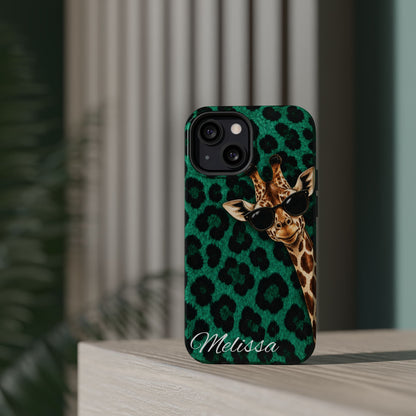 Personalized Giraffe Phone Case — Green Leopard Print Magnetic Impact-Resistant
