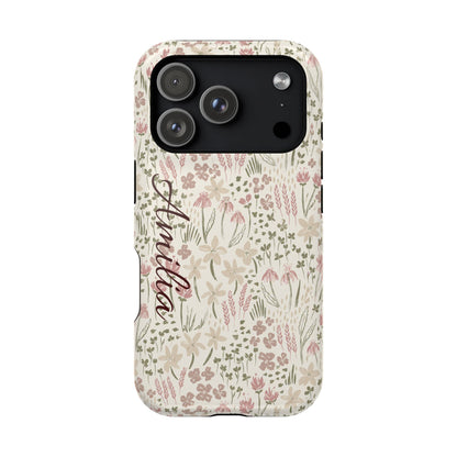 Personalized Floral Phone Case — Magnetic Impact-Resistant with Script Name