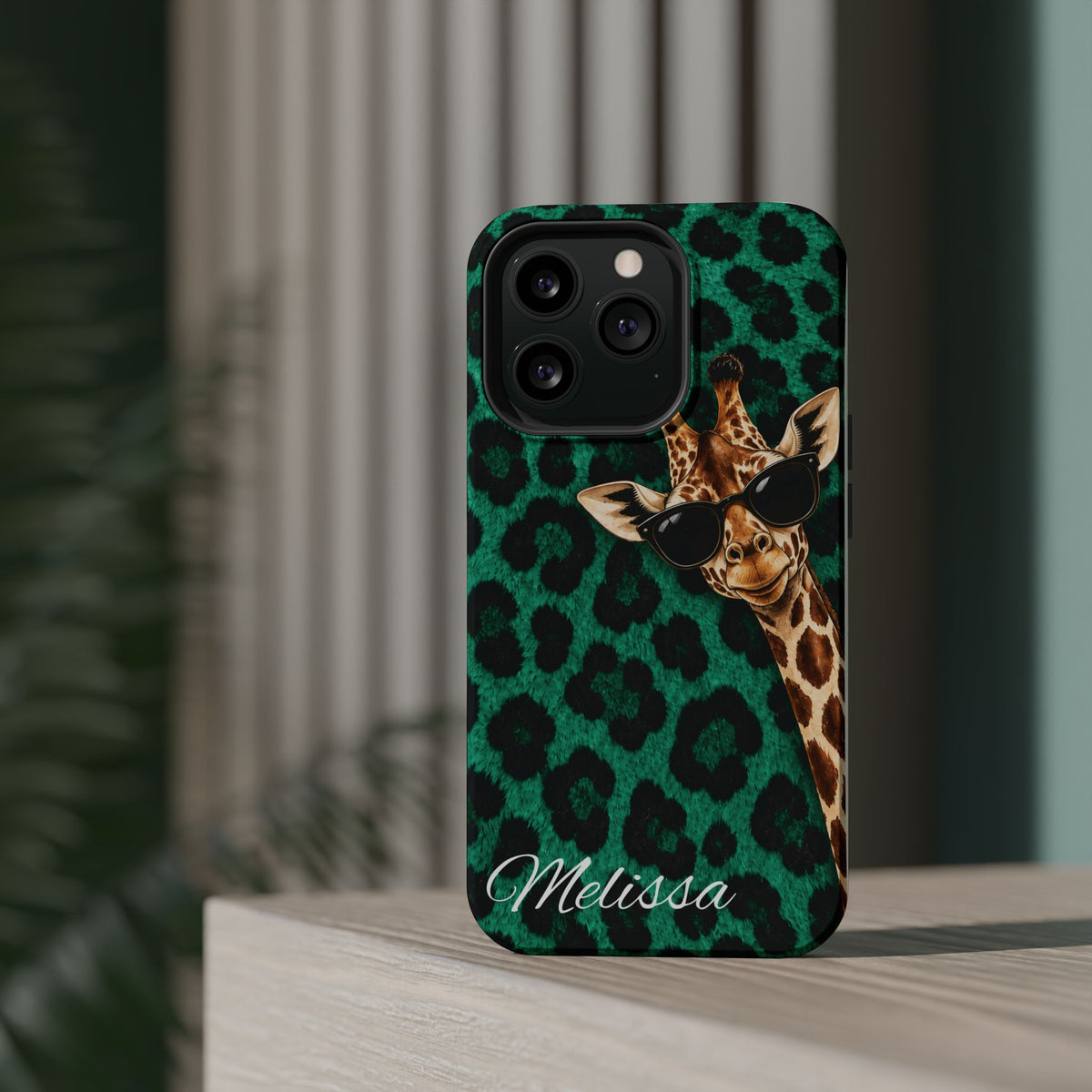 Personalized Giraffe Phone Case — Green Leopard Print Magnetic Impact-Resistant