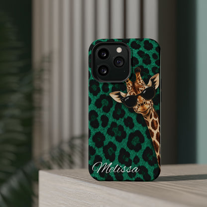 Personalized Giraffe Phone Case — Green Leopard Print Magnetic Impact-Resistant
