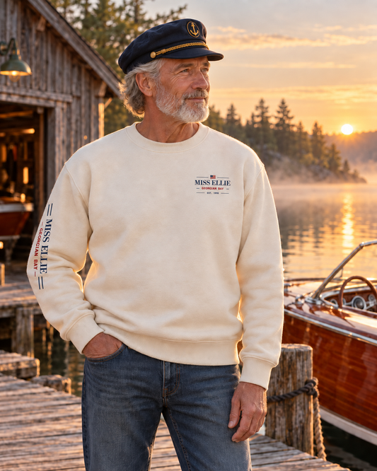 Cedar Club Crewneck Sweatshirt — Vintage Lakeboat Cabin Graphic
